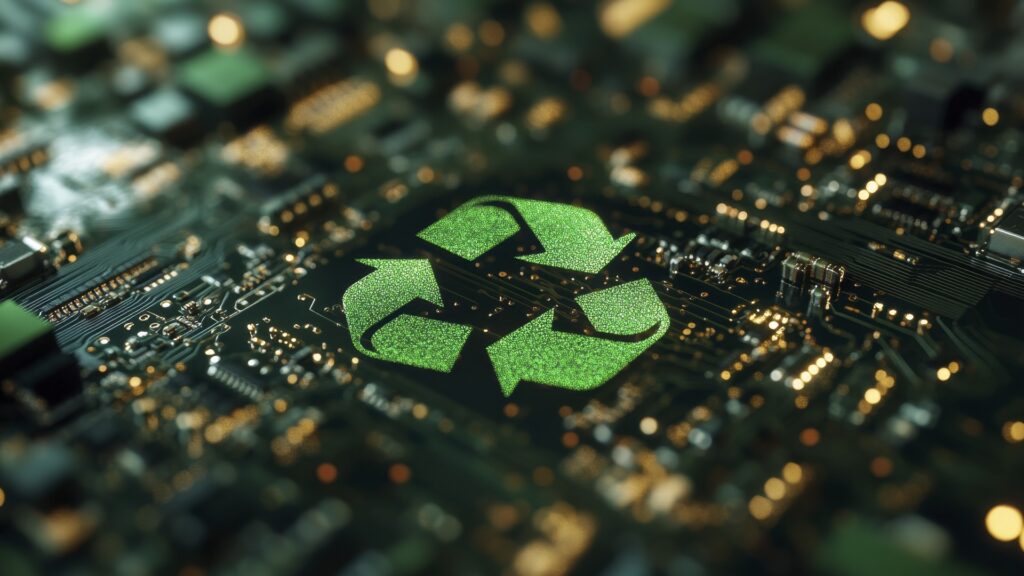 Ein grünes Recycling-Symbol, eingebettet in eine elektronische Leiterplatte mit leuchtenden Bauteilen, als Konzept für nachhaltige Technologie