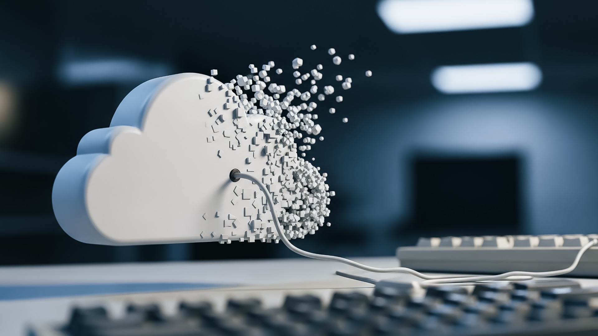 Konzept zur Auflösung und zum Verlust digitaler Cloud-Daten. 3D-Darstellung eines Symbols für vernetztes Cloud-Computing, das in Pixel zerfällt und damit Datenlecks, Sicherheitsrisiken oder fehlgeschlagene Migrationen symbolisiert.