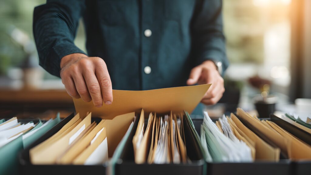 Ein Mann, der Papierunterlagen in Ordnern in einem Büroschrank sortiert.