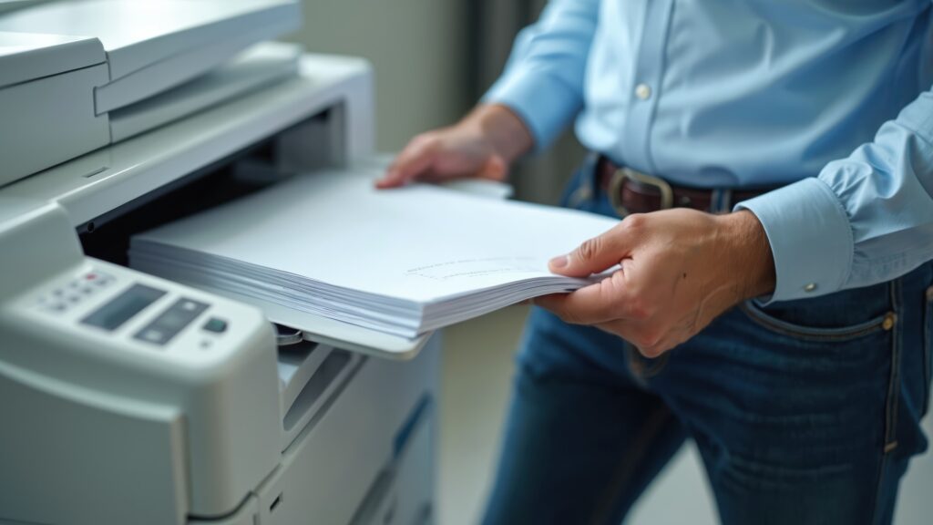 Ein Mann legt einen Stapel Papier zum Scannen in das Fach eines Bürodruckers.