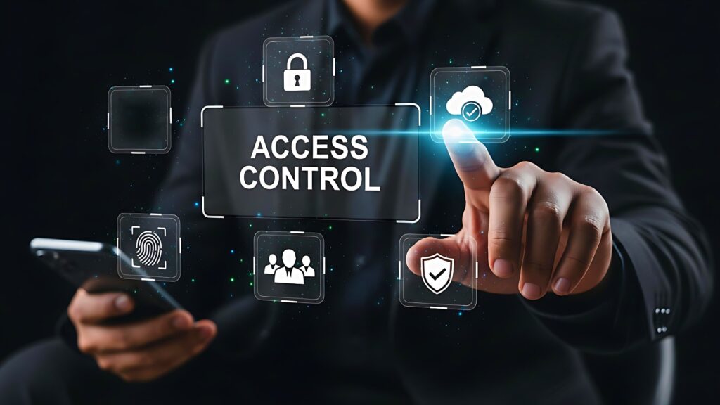 Eine Person im Business-Anzug interagiert mit einem virtuellen Interface zum Thema „Access Control“.
